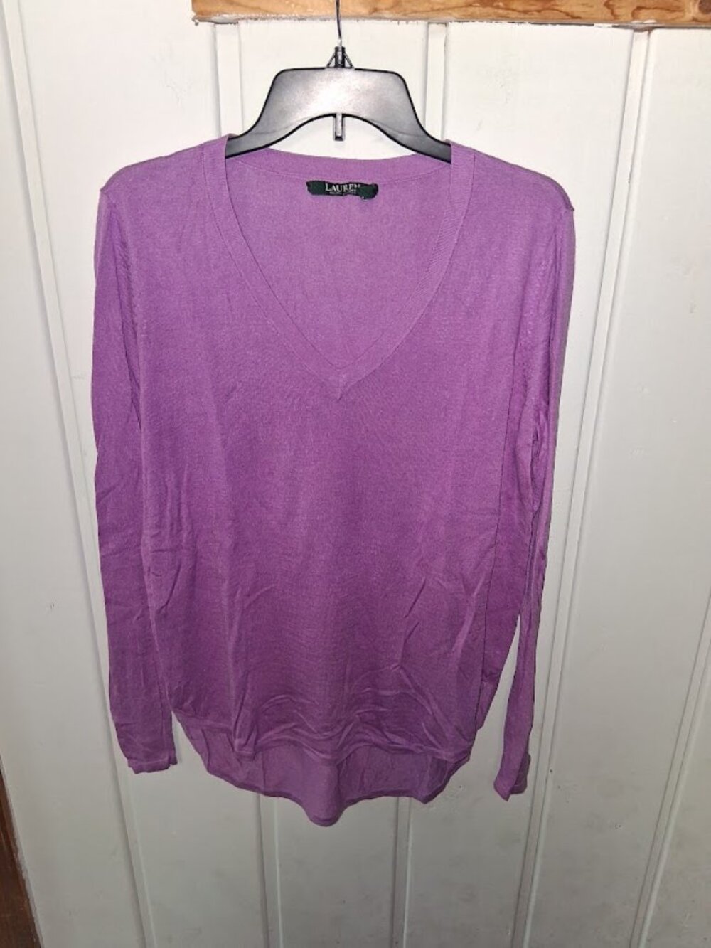 Lauren Ralph Lauren Women's Lightweight Silk Blend V Neck Sweater Top Sz L